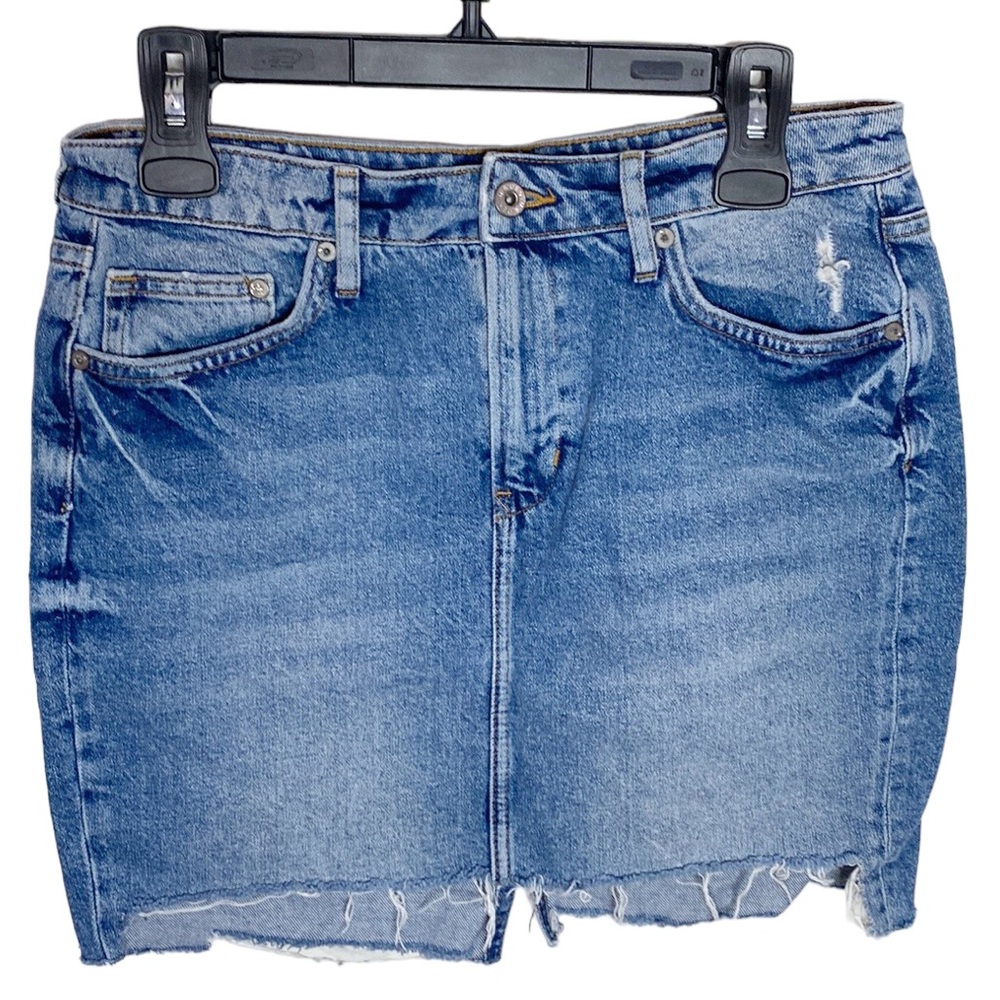 &Denim H&M rigid denim stepped fringe hem distressed mini skirt size 8